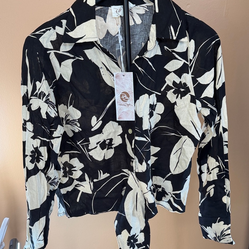 Tommy Bahama Black and Cream Floral Button-Up Shirt